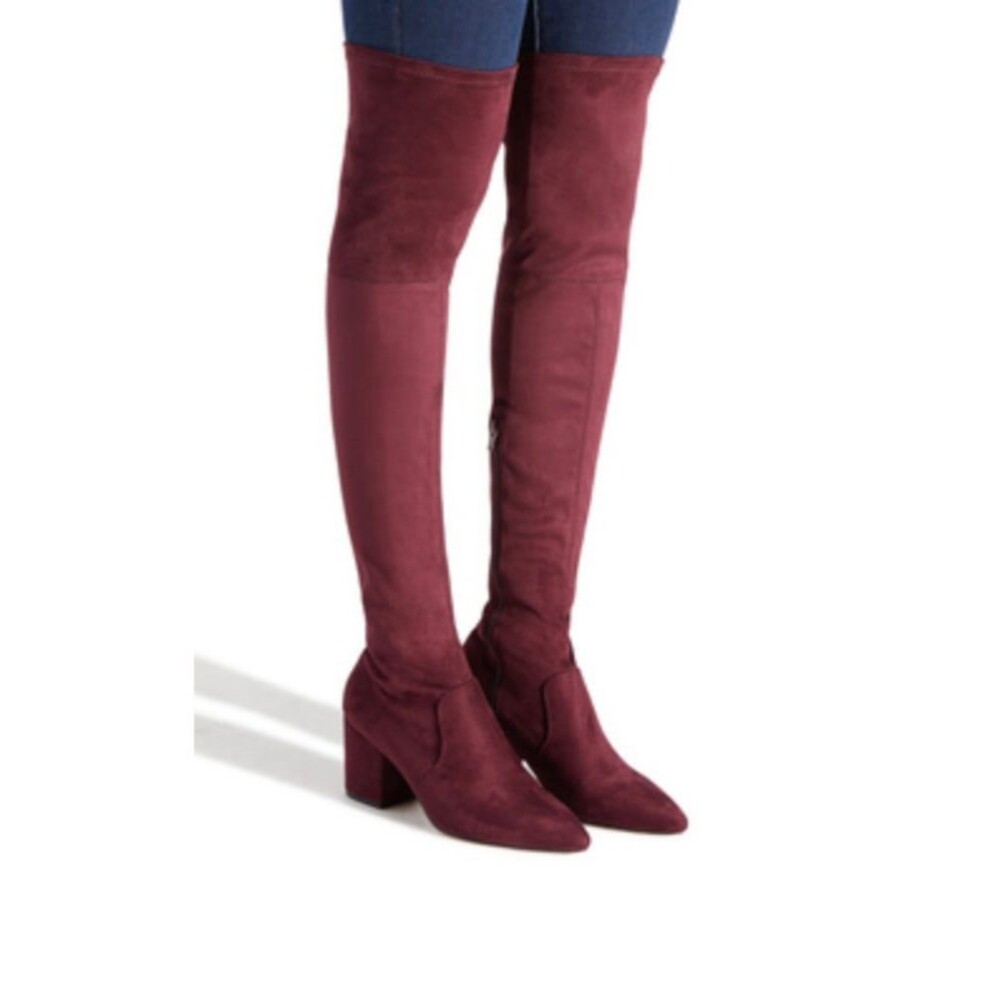 Monica Burgundy Over‑the‑Knee Faux Suede Boots Size 10 – 2 ¾″ Block Heel